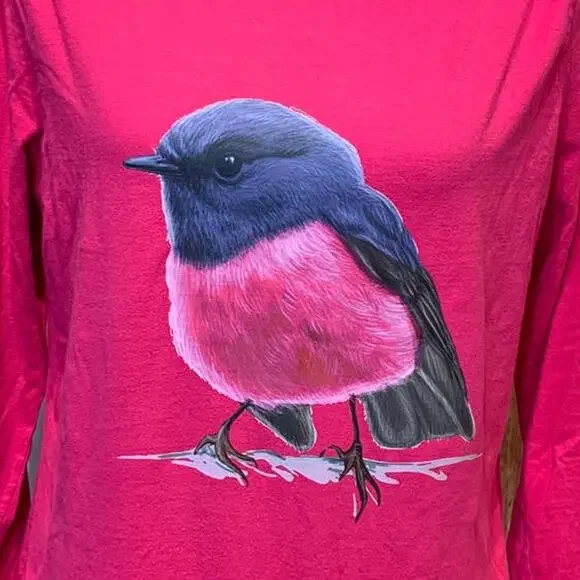 Upcycled Hand Printed Womens XL Pink Robin Ukraine Fundraiser Long Sleeve Tee - Picture 2 of 4